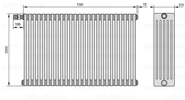 Схема (чертеж) Радиатор Zehnder Charleston 6250/25 №V011 Белый глянцевый RAL 9016